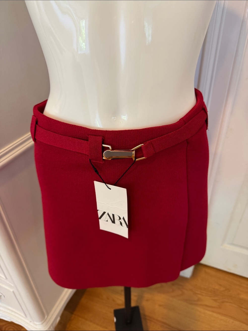 Zara Crimson Mini Skirt with Gold Buckle